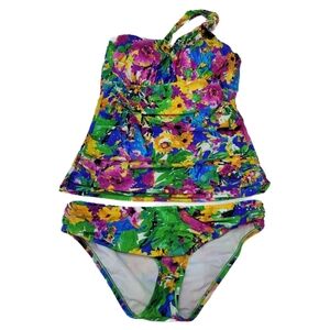 Allen B. Size 8 Two Piece Tankini Colorful Swimsuit One Shoulder Padded Lined